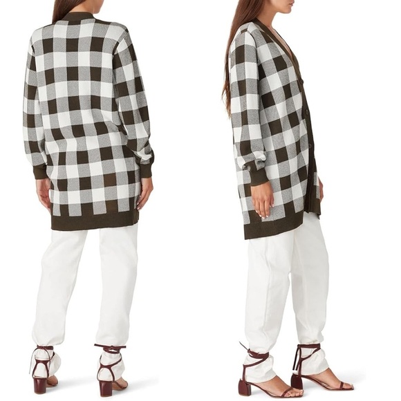 Anthropologie Sita Murt Olive Green White Checker Long Sweater Cardigan Oversize - Picture 3 of 12